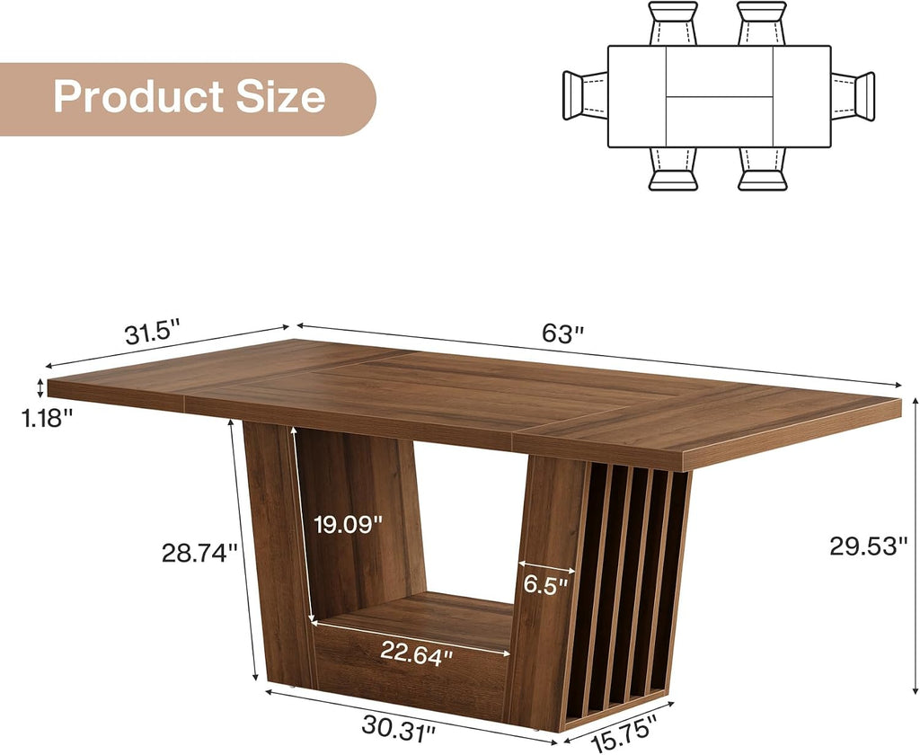 63" Brown Farmhouse Dining Table for 4-6