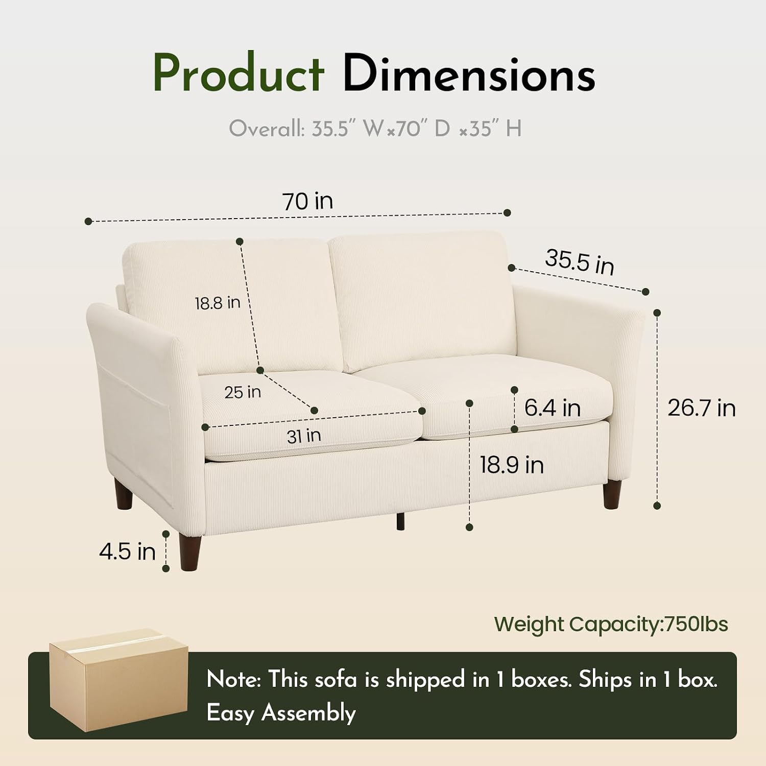 70" Modern Corduroy Loveseat, Beige