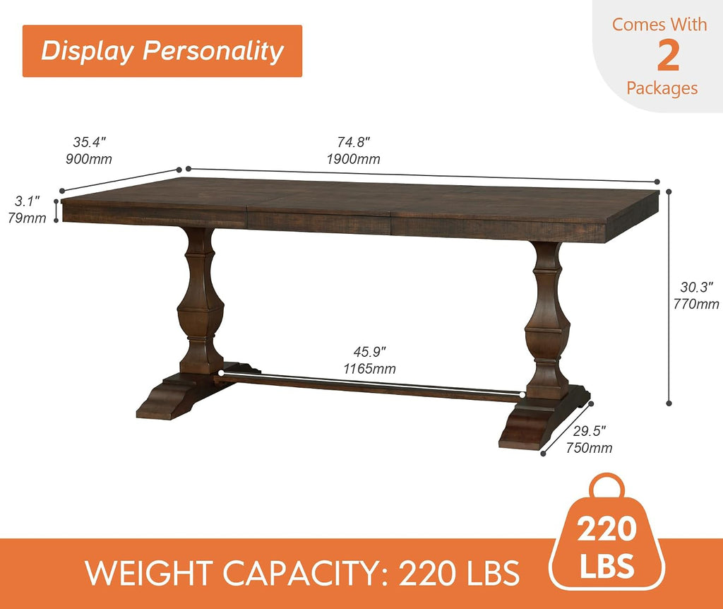 74.8" Vintage Farmhouse Dining Table for 6-8