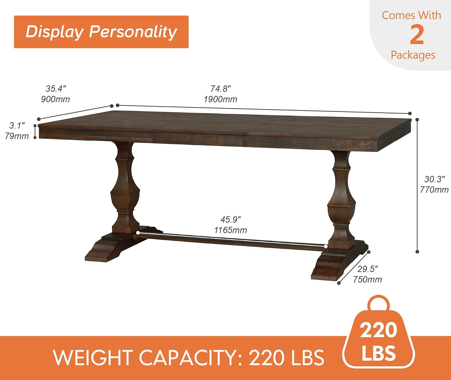 74.8" Vintage Farmhouse Dining Table for 6-8