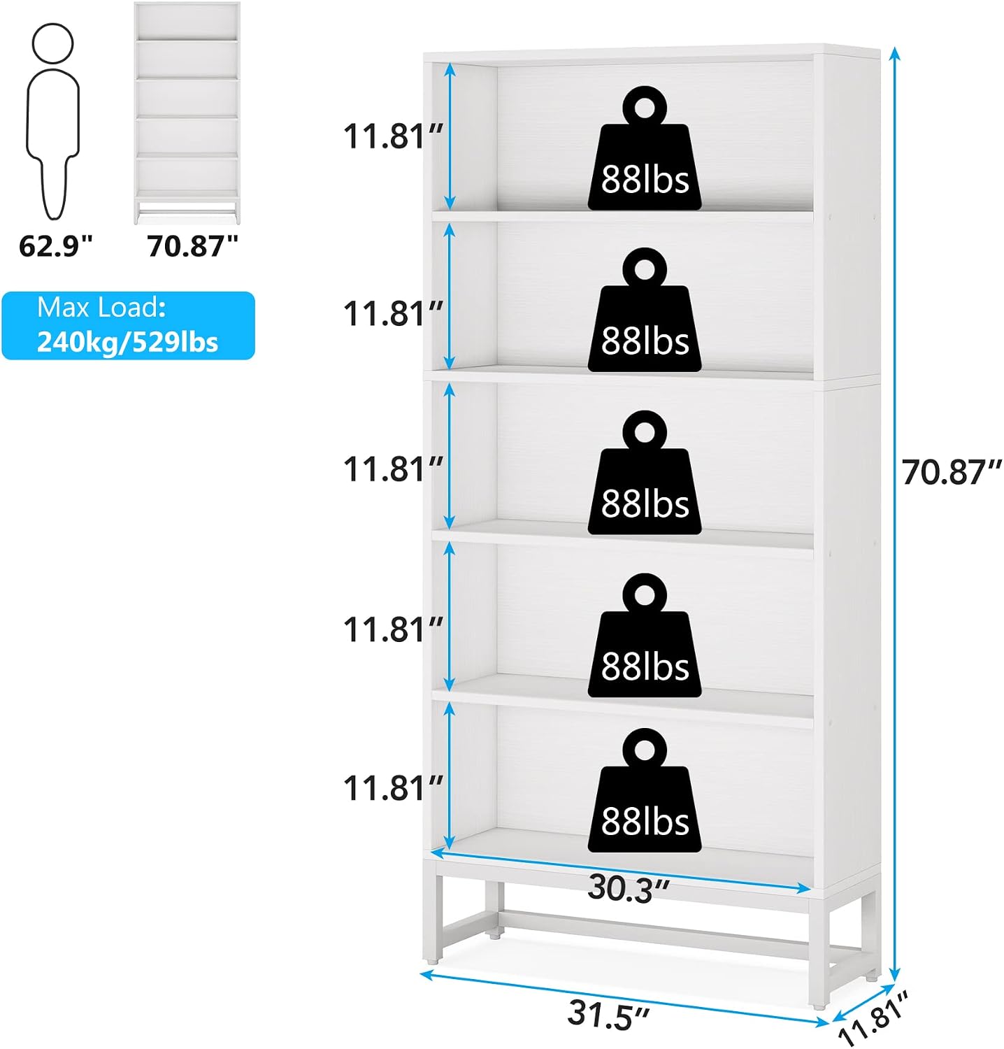70.8" White 5-Tier Tall Bookshelf