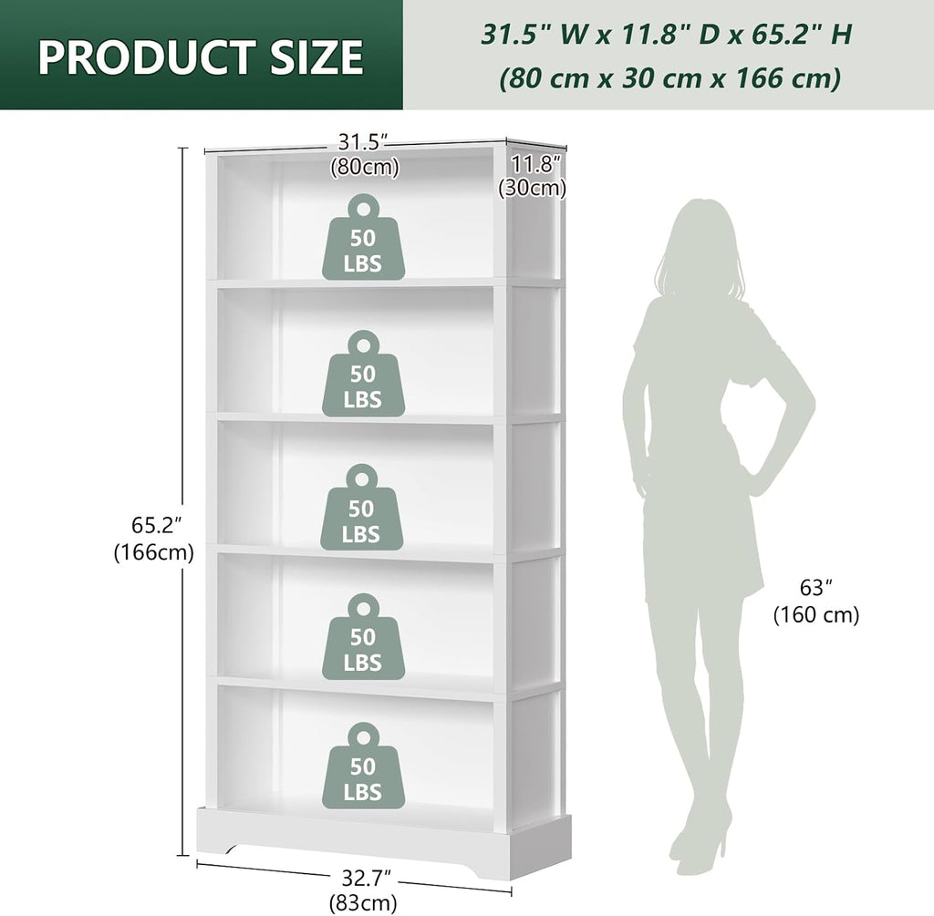 65.2" White Farmhouse 5-Tier Wooden Bookshelf