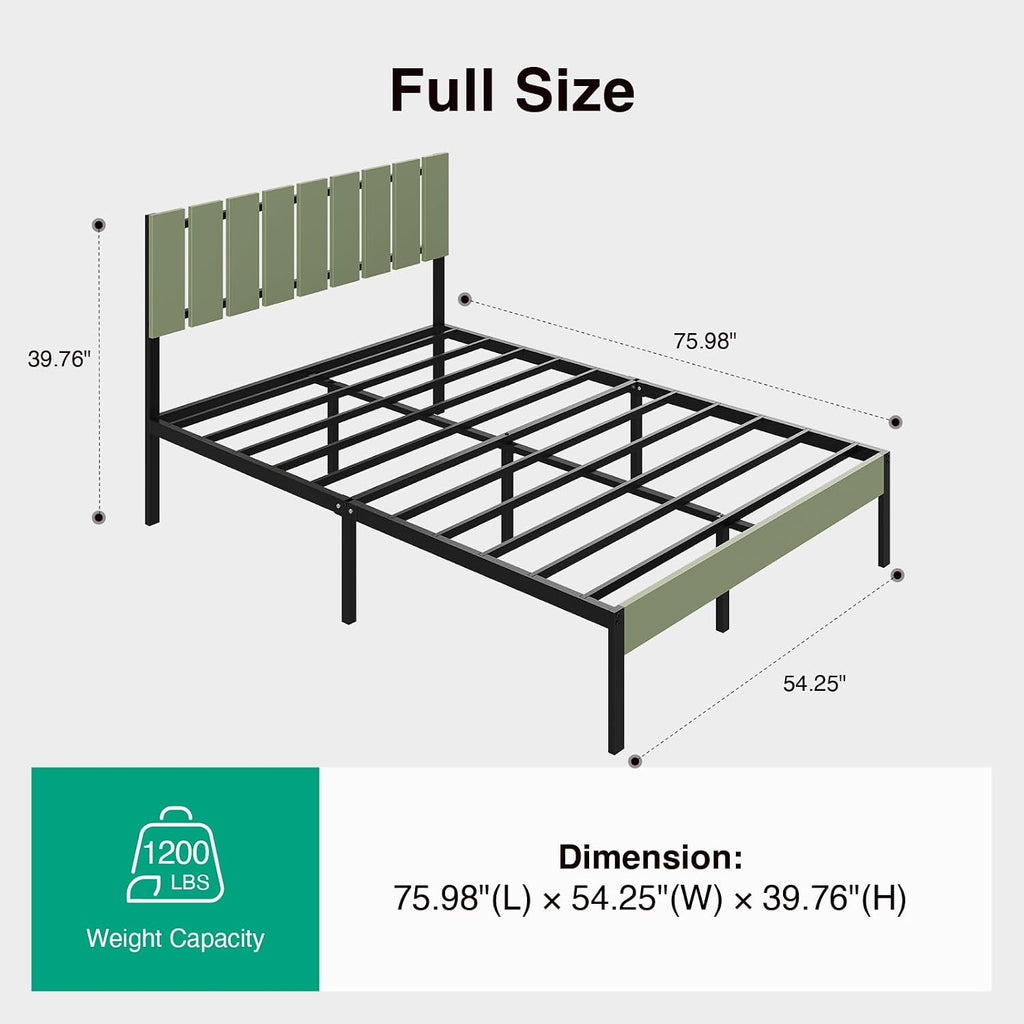 Full Metal Platform Bed Frame with Wooden Headboard