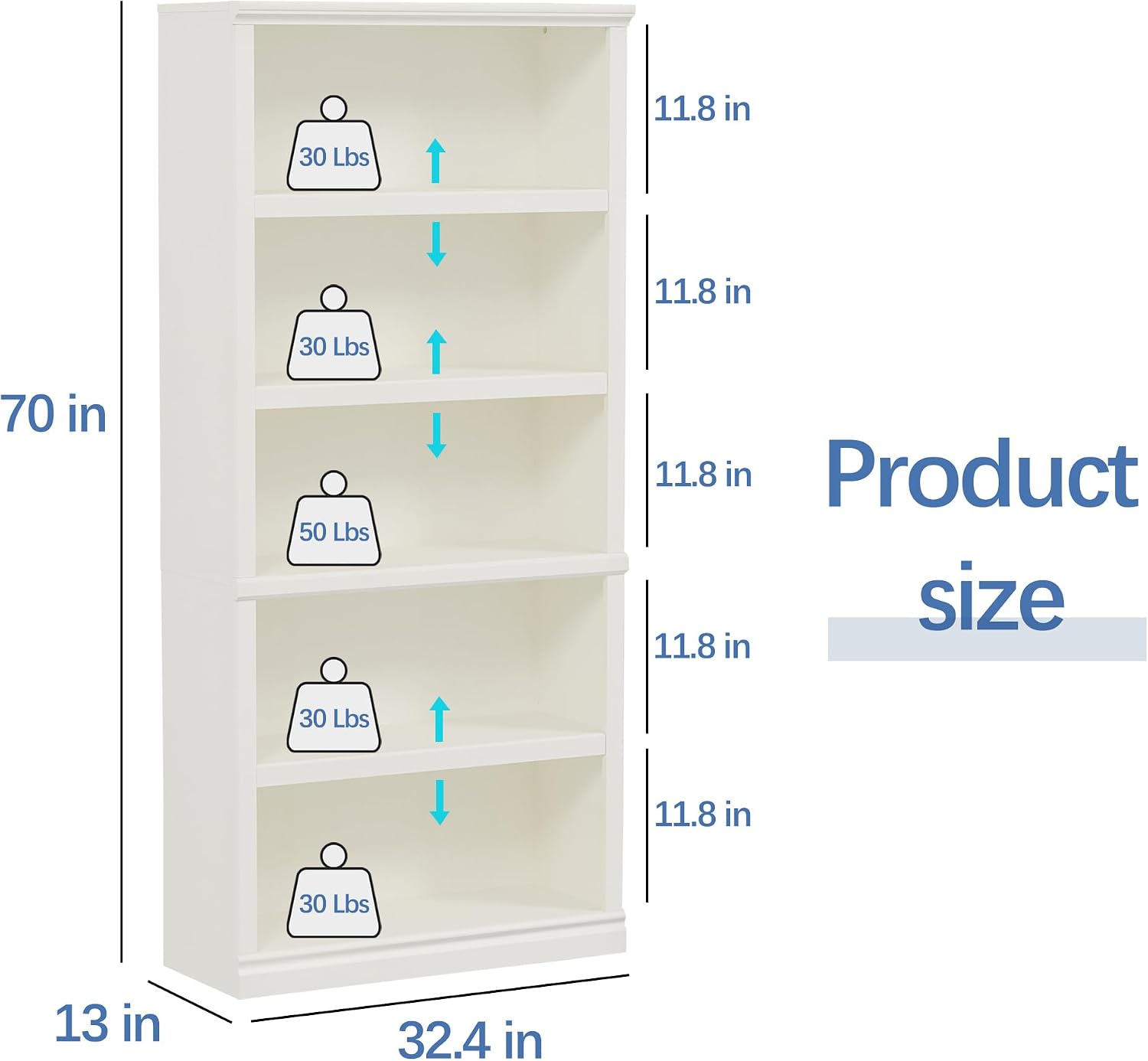 5-Tier White Tall Bookcase with Adjustable Shelves