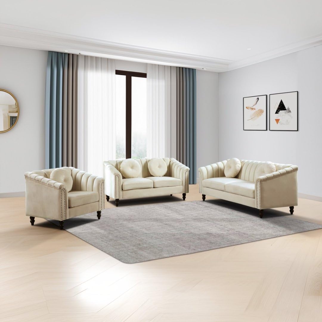 60" White Microfiber Chesterfield Loveseat