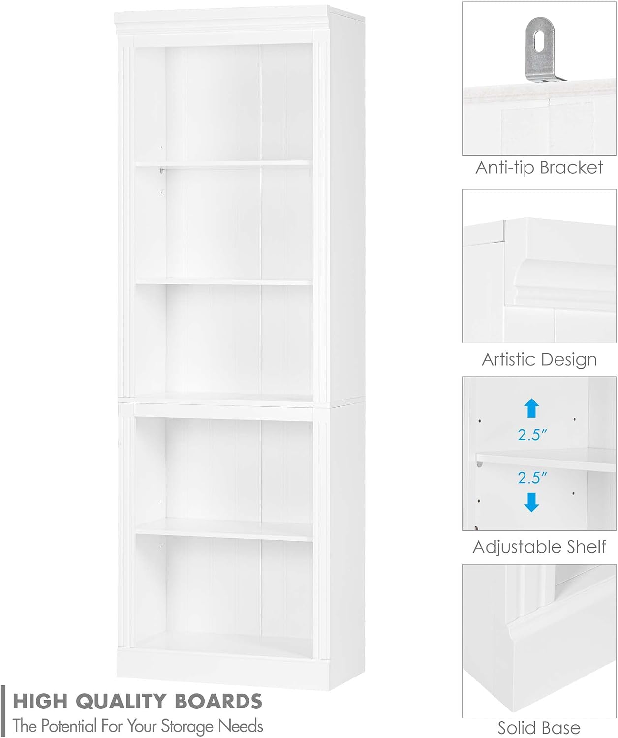 5-Tier Tall Bookshelf with Adjustable Shelves
