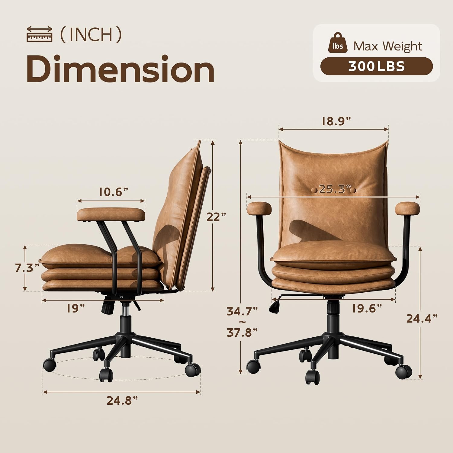 Brown Leather Home Desk Chair with Triple-Layer Seat
