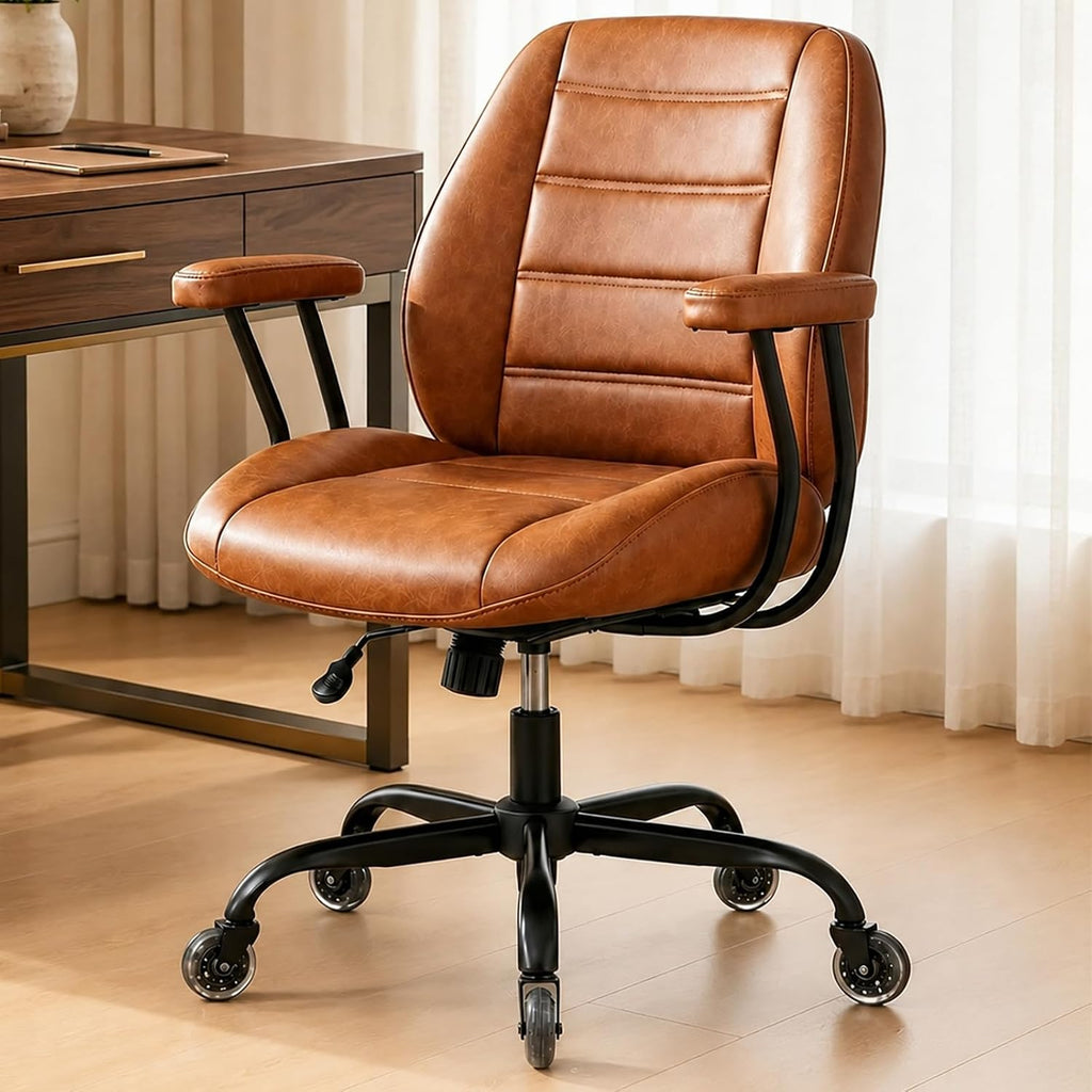 Brown Leather Office Chair with Quiet Rubber Wheels