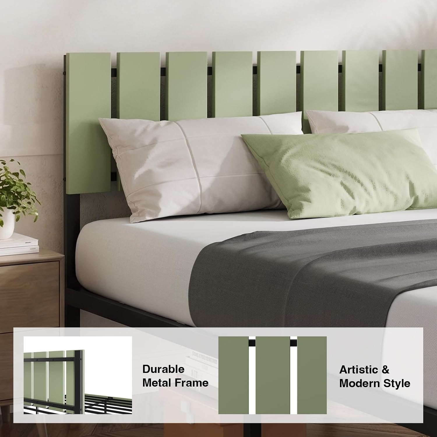 Full Metal Platform Bed Frame with Wooden Headboard