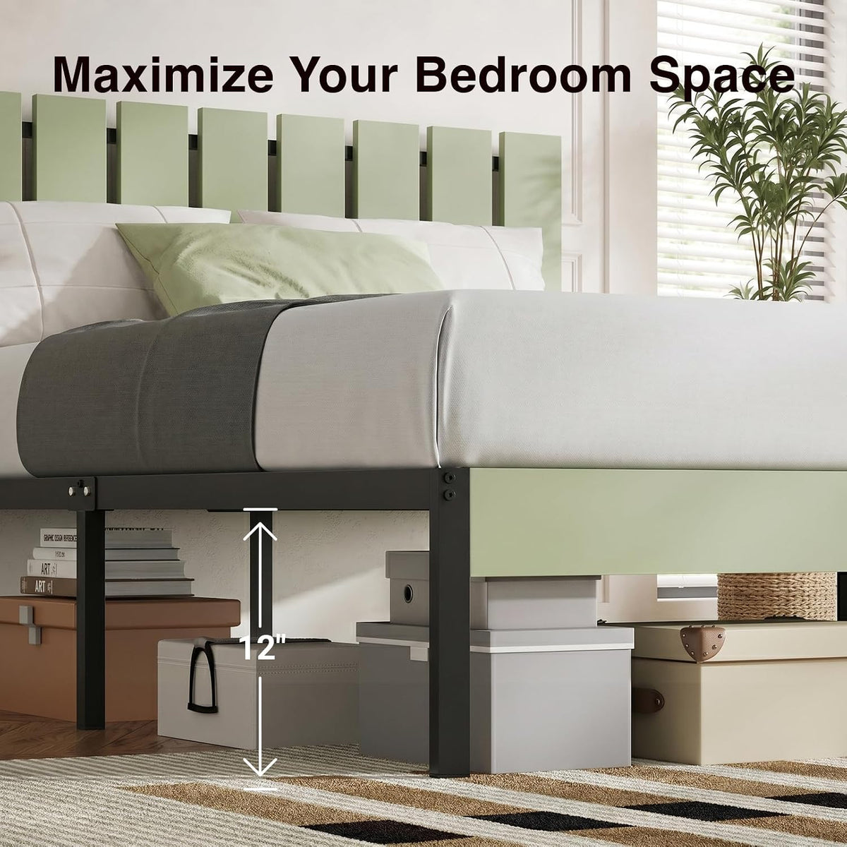 Full Metal Platform Bed Frame with Wooden Headboard