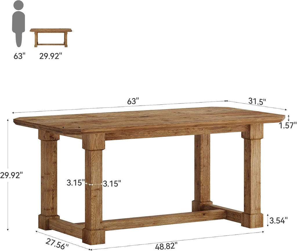 63" Farmhouse Solid Wood Dining Table for 4-6