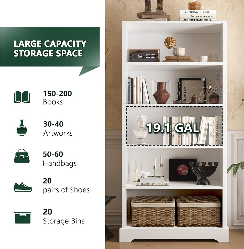 65.2" White Farmhouse 5-Tier Wooden Bookshelf