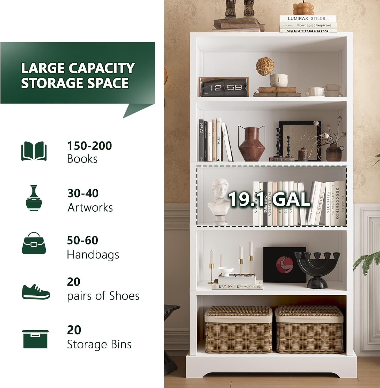 65.2" White Farmhouse 5-Tier Wooden Bookshelf