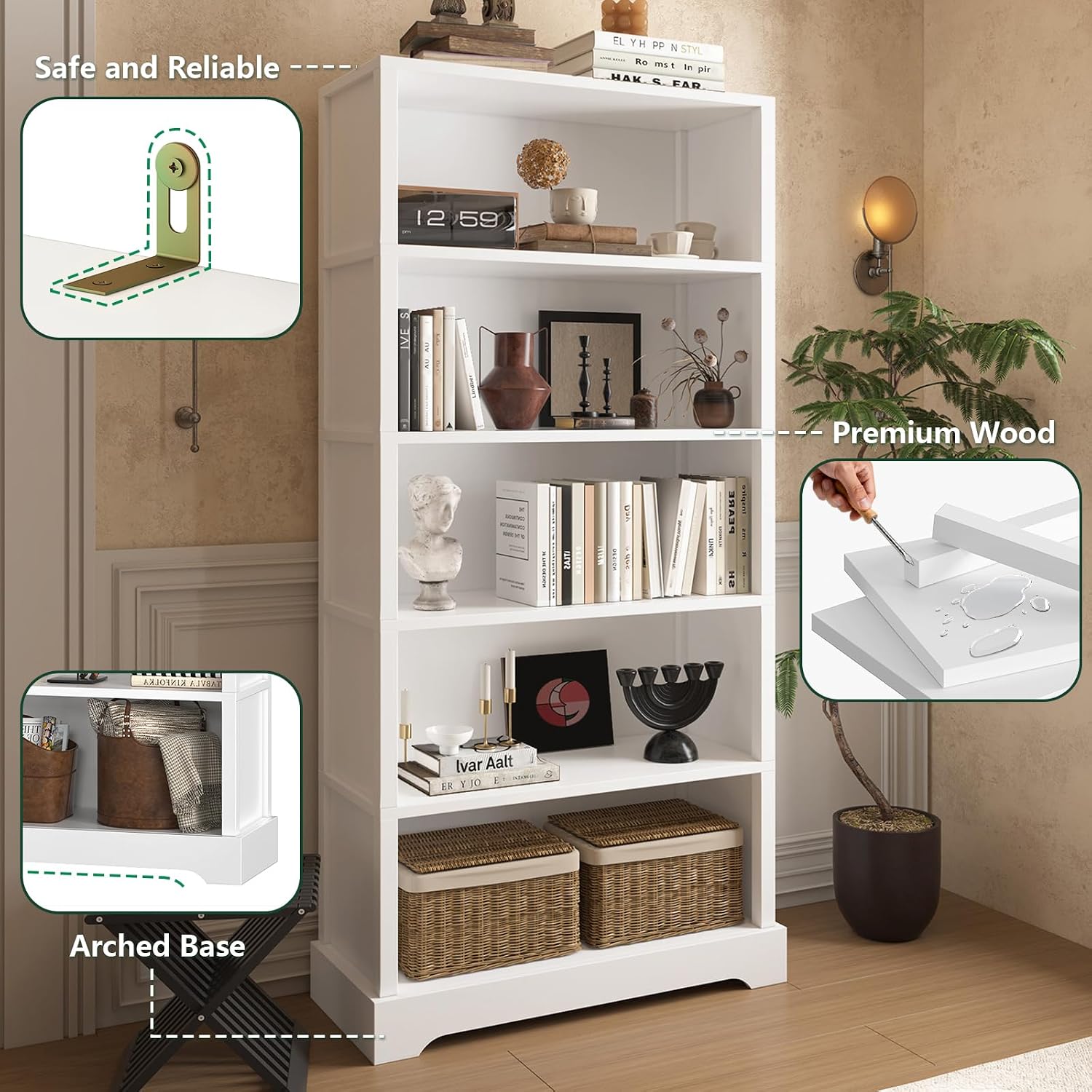 65.2" White Farmhouse 5-Tier Wooden Bookshelf