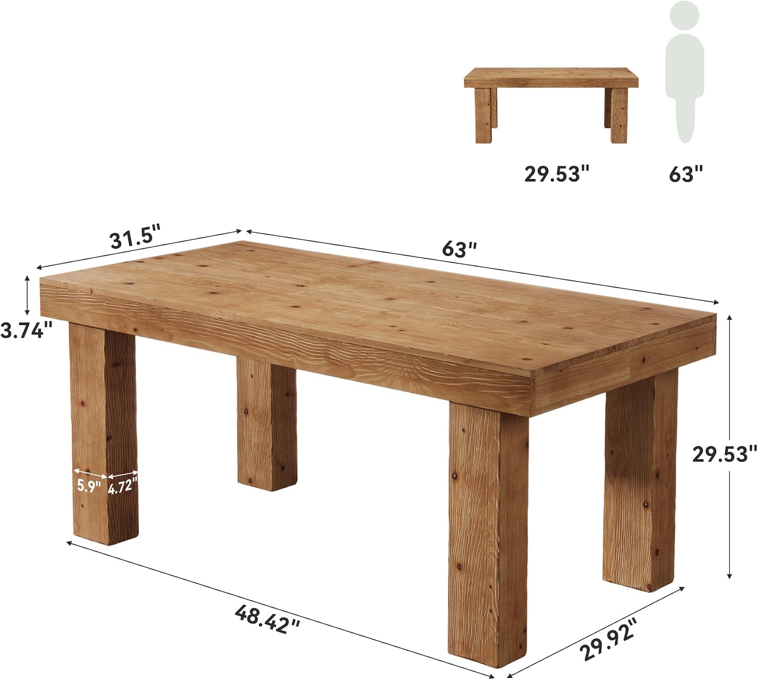 63" Light Brown Farmhouse Solid Wood Dining Table