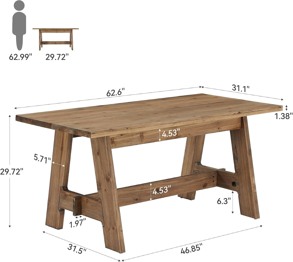 63" Farmhouse Solid Wood Dining Table for 4-6