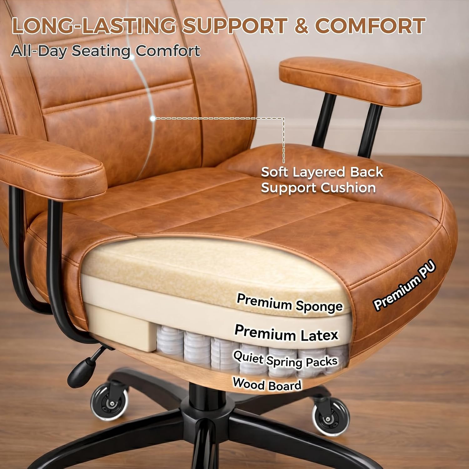 Brown Leather Office Chair with Quiet Rubber Wheels