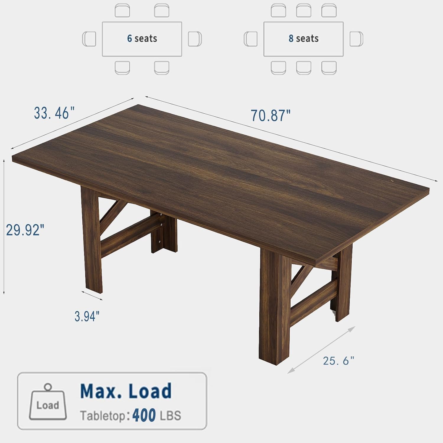 70.87" Rustic Brown Farmhouse Dining Table for 6-8
