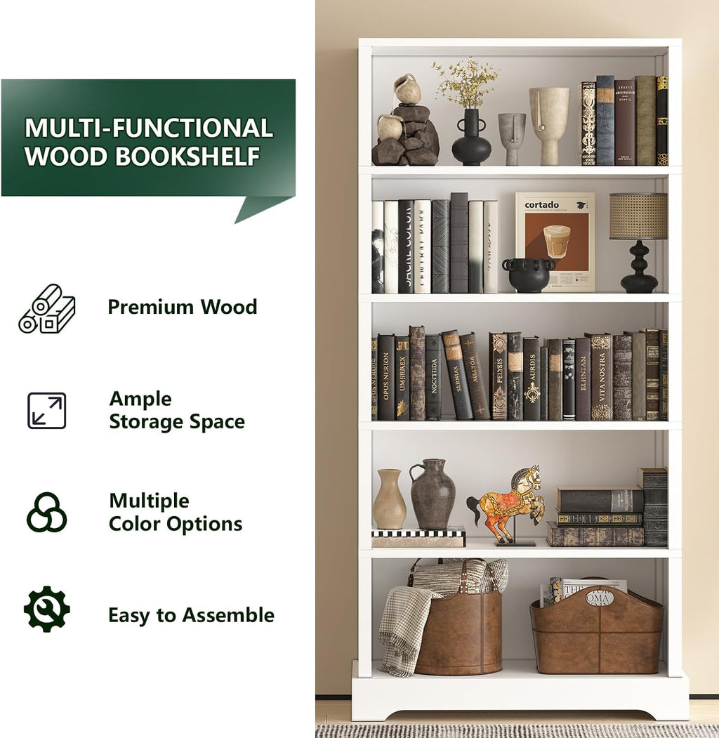 65.2" White Farmhouse 5-Tier Wooden Bookshelf