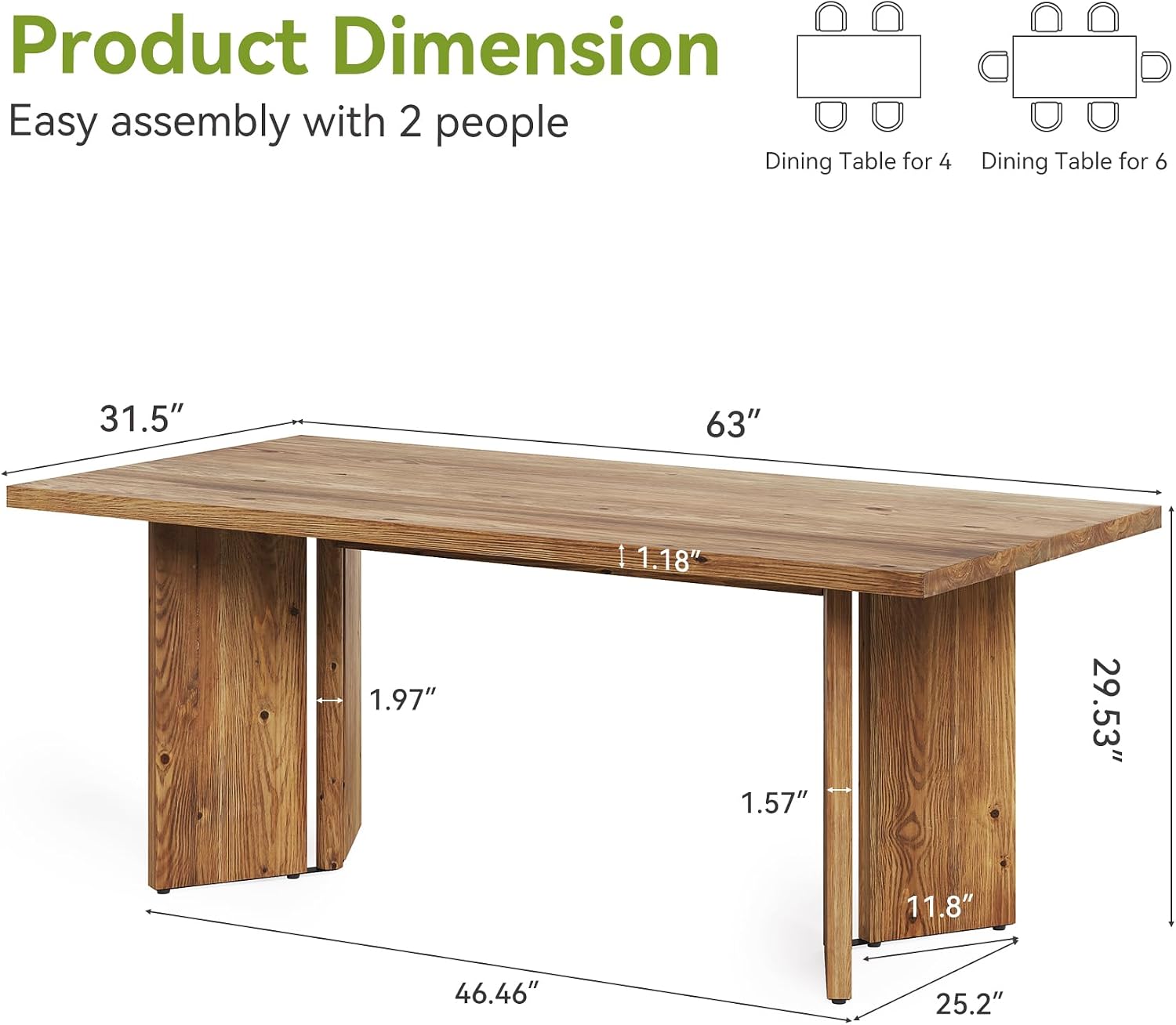 63" Farmhouse Solid Wood Dining Table for 4-6