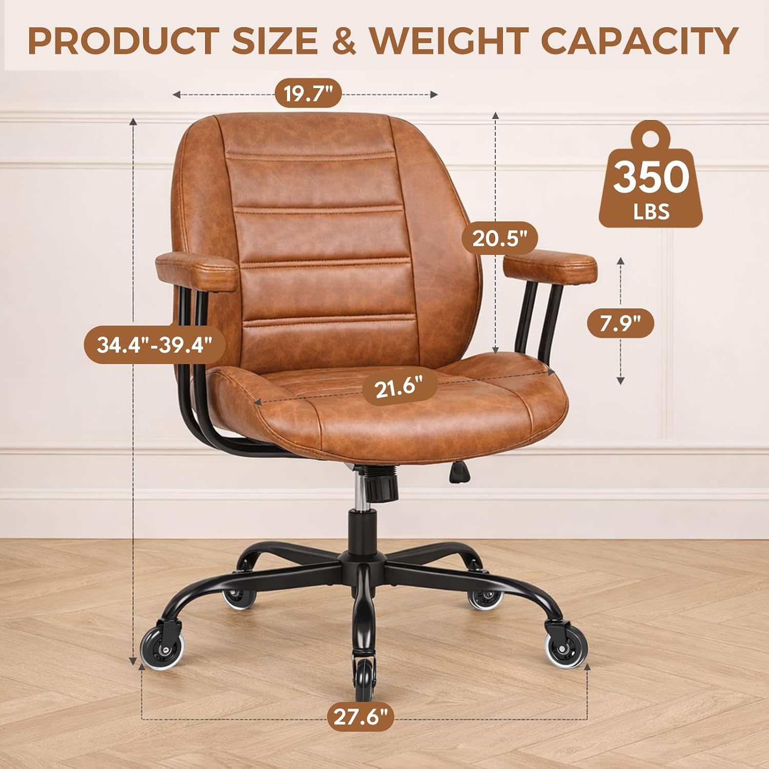 Brown Leather Office Chair with Quiet Rubber Wheels
