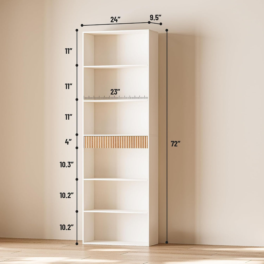 72" White 7-Tier Fluted Bookshelf with Drawer
