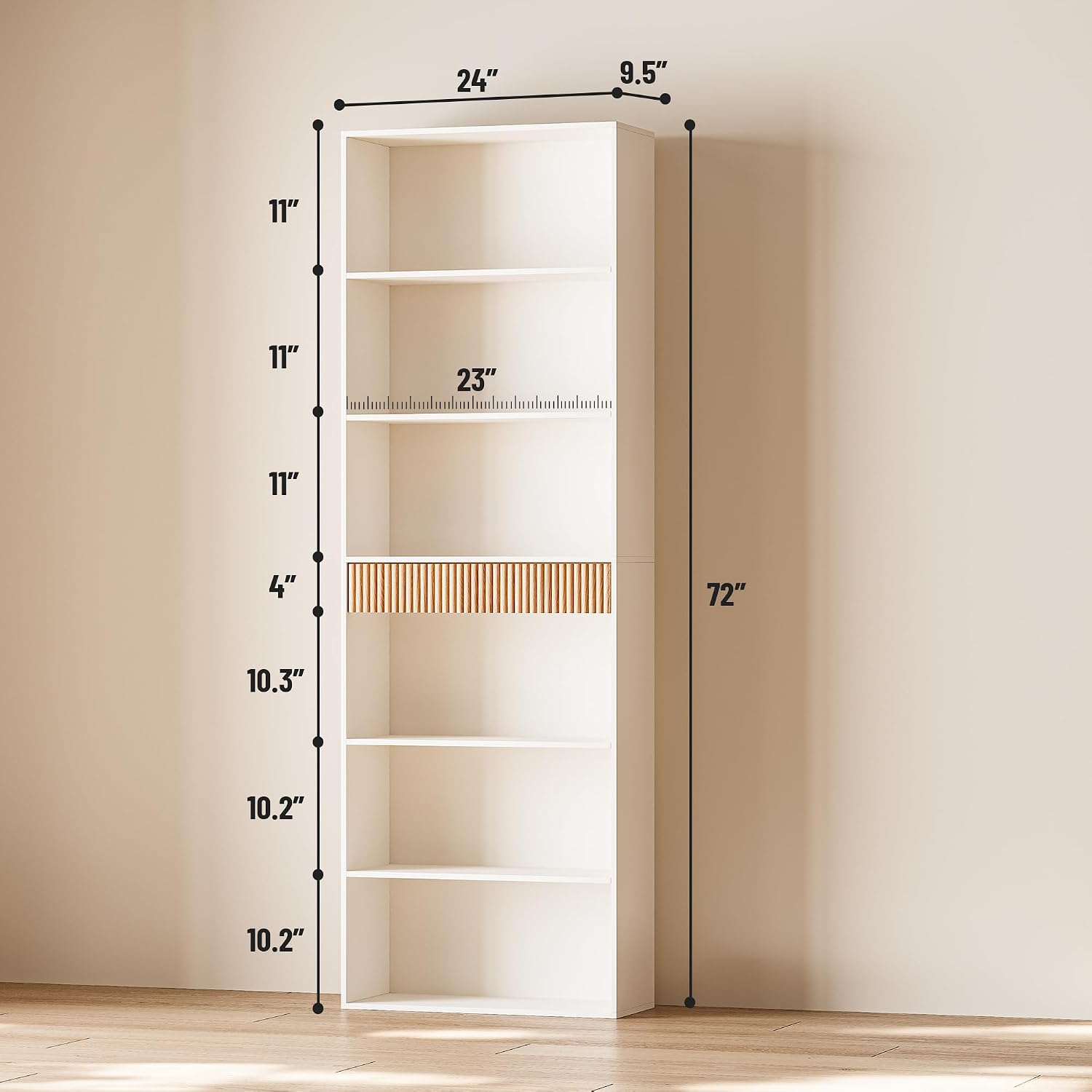 72" White 7-Tier Fluted Bookshelf with Drawer