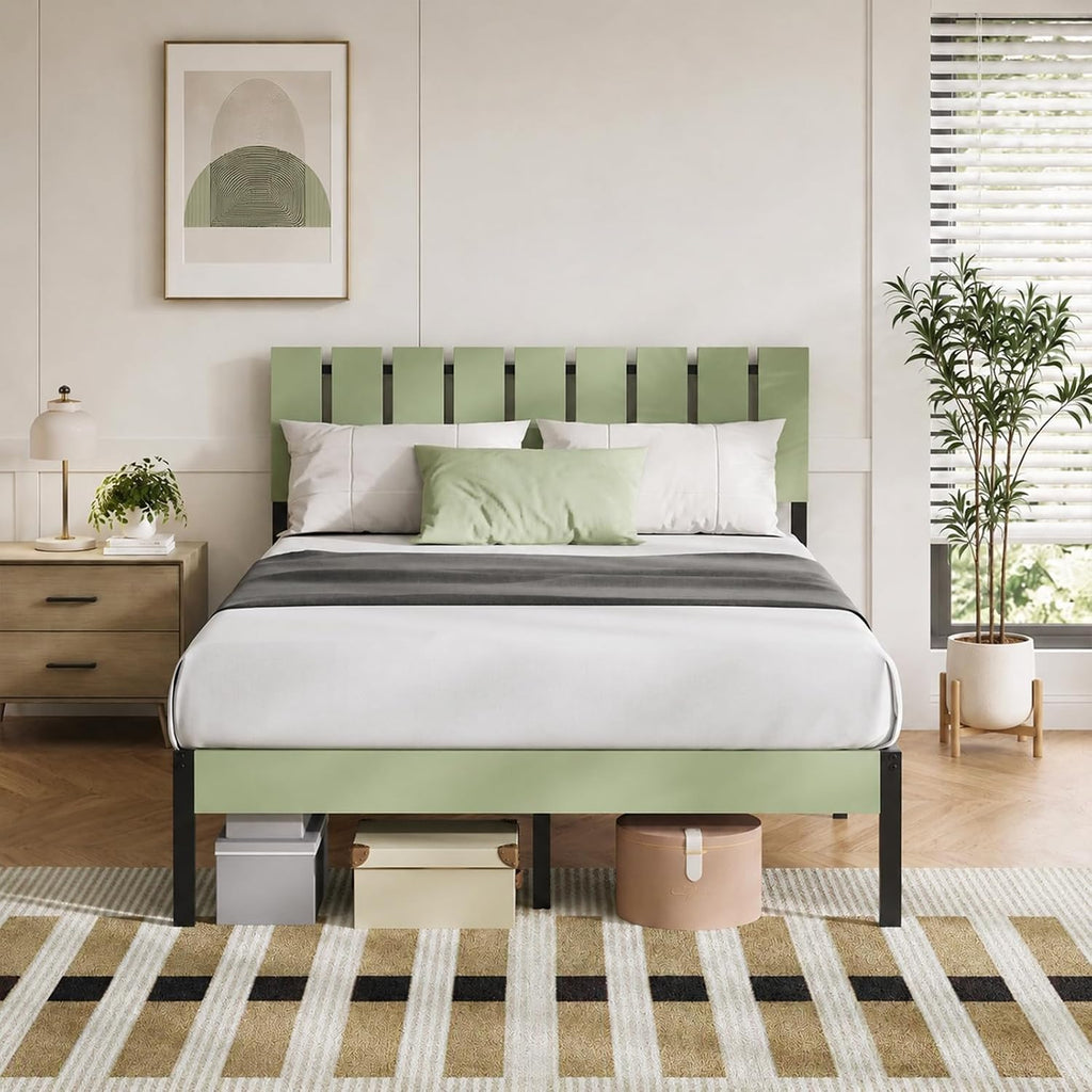 Full Metal Platform Bed Frame with Wooden Headboard