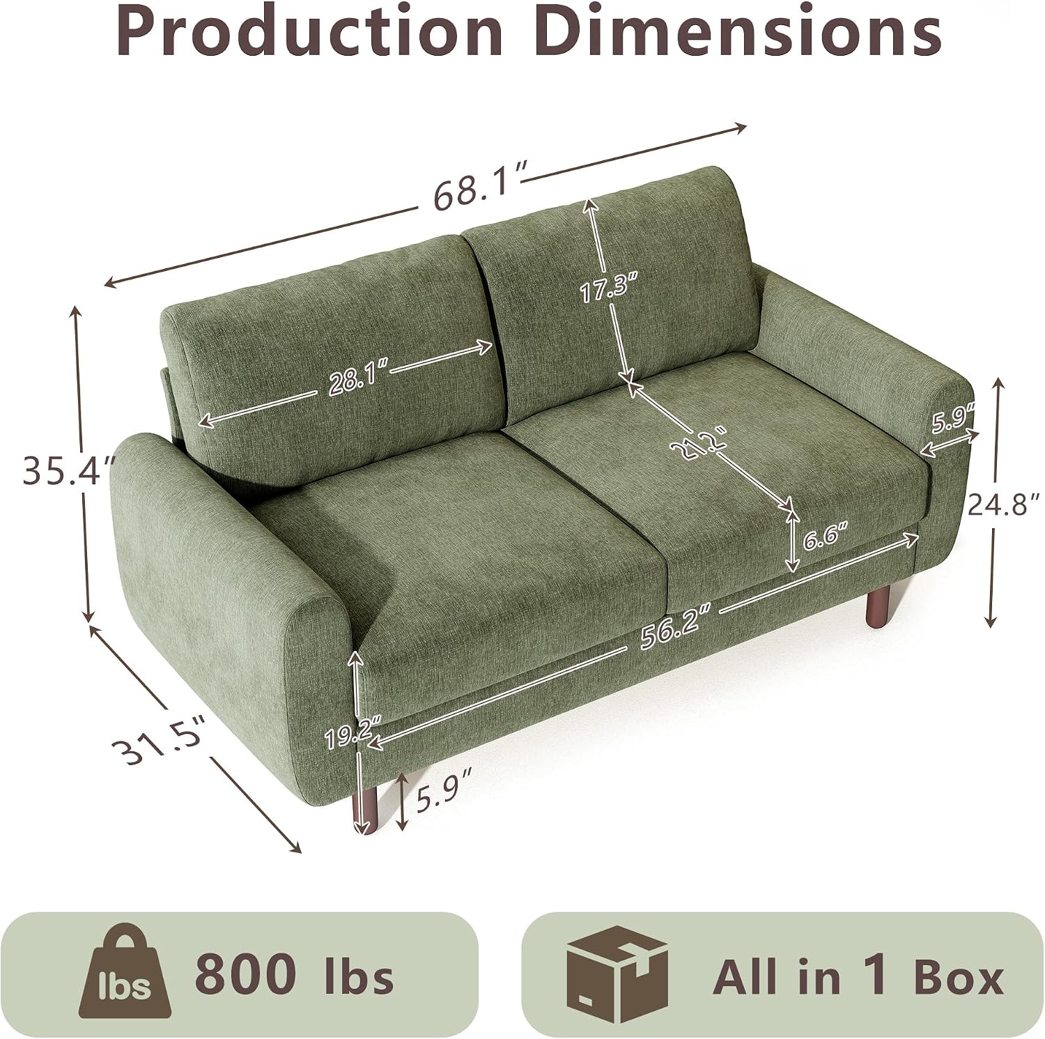 68" Mid Century Chenille Loveseat, Green