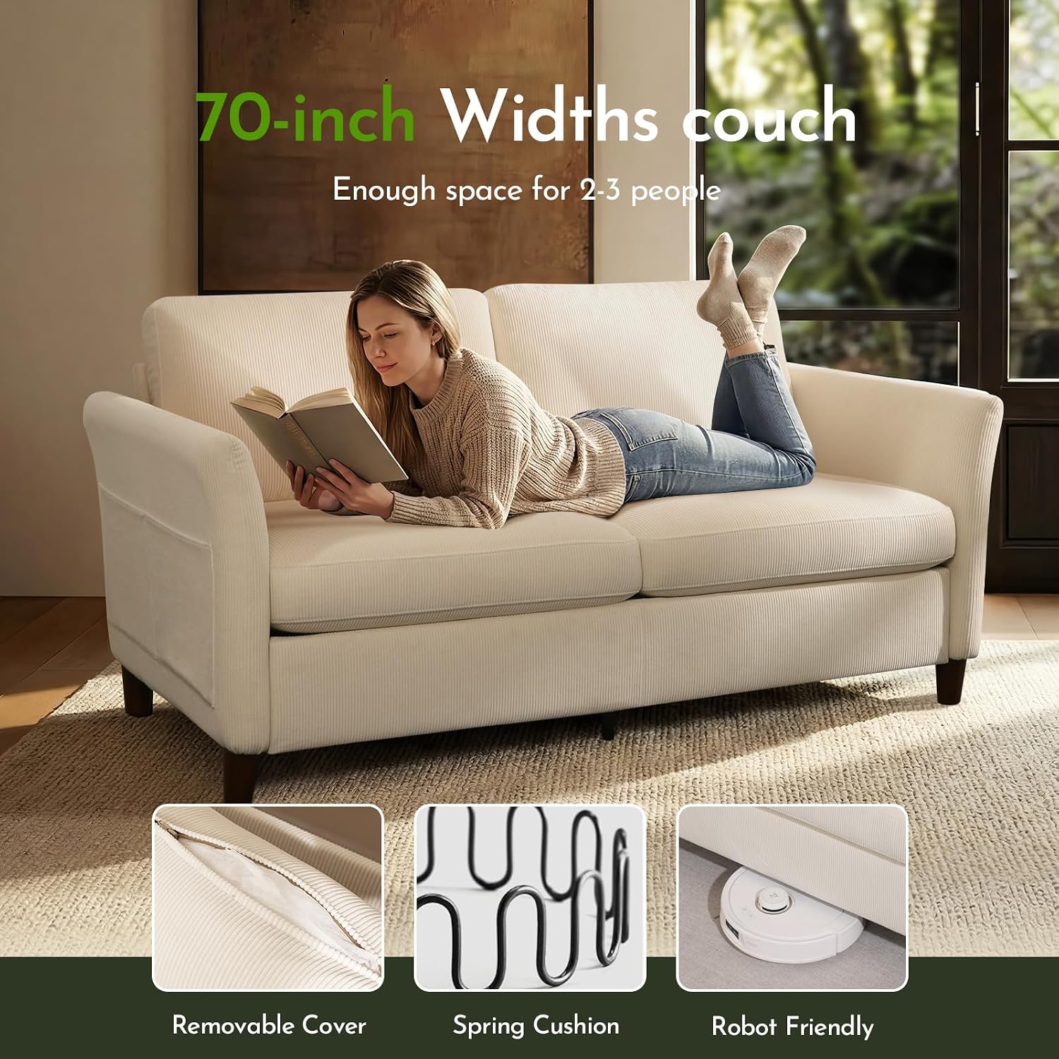 70" Modern Corduroy Loveseat, Beige