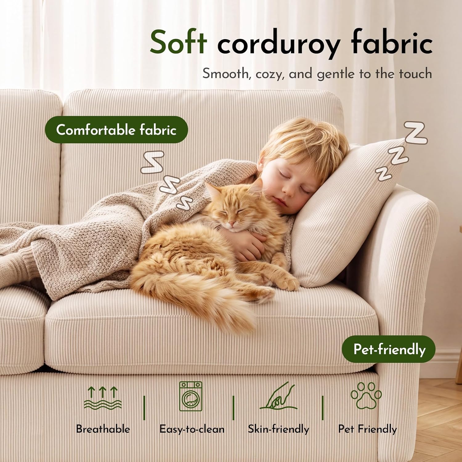 70" Modern Corduroy Loveseat, Beige