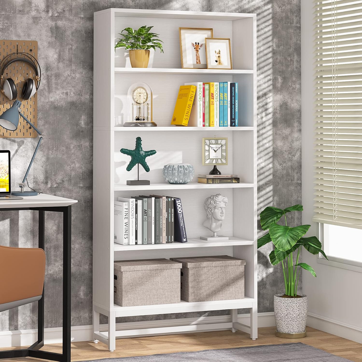 70.8" White 5-Tier Tall Bookshelf