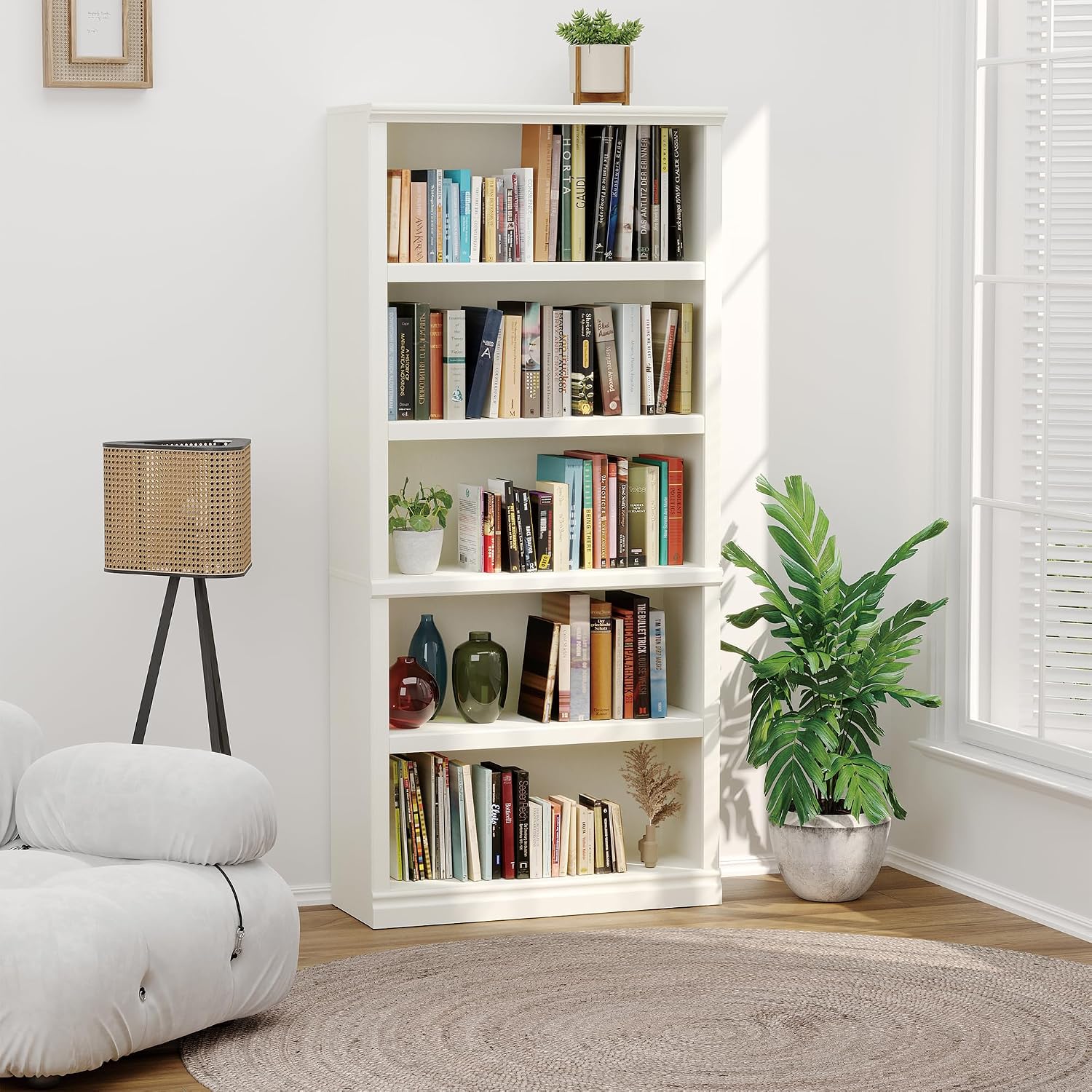 70" White 5-Tier Open Bookshelf