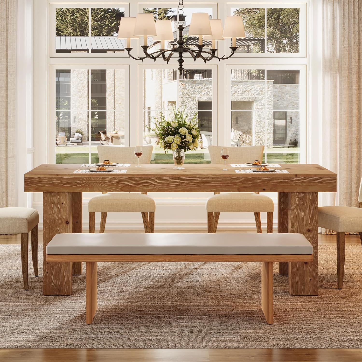63" Light Brown Farmhouse Solid Wood Dining Table