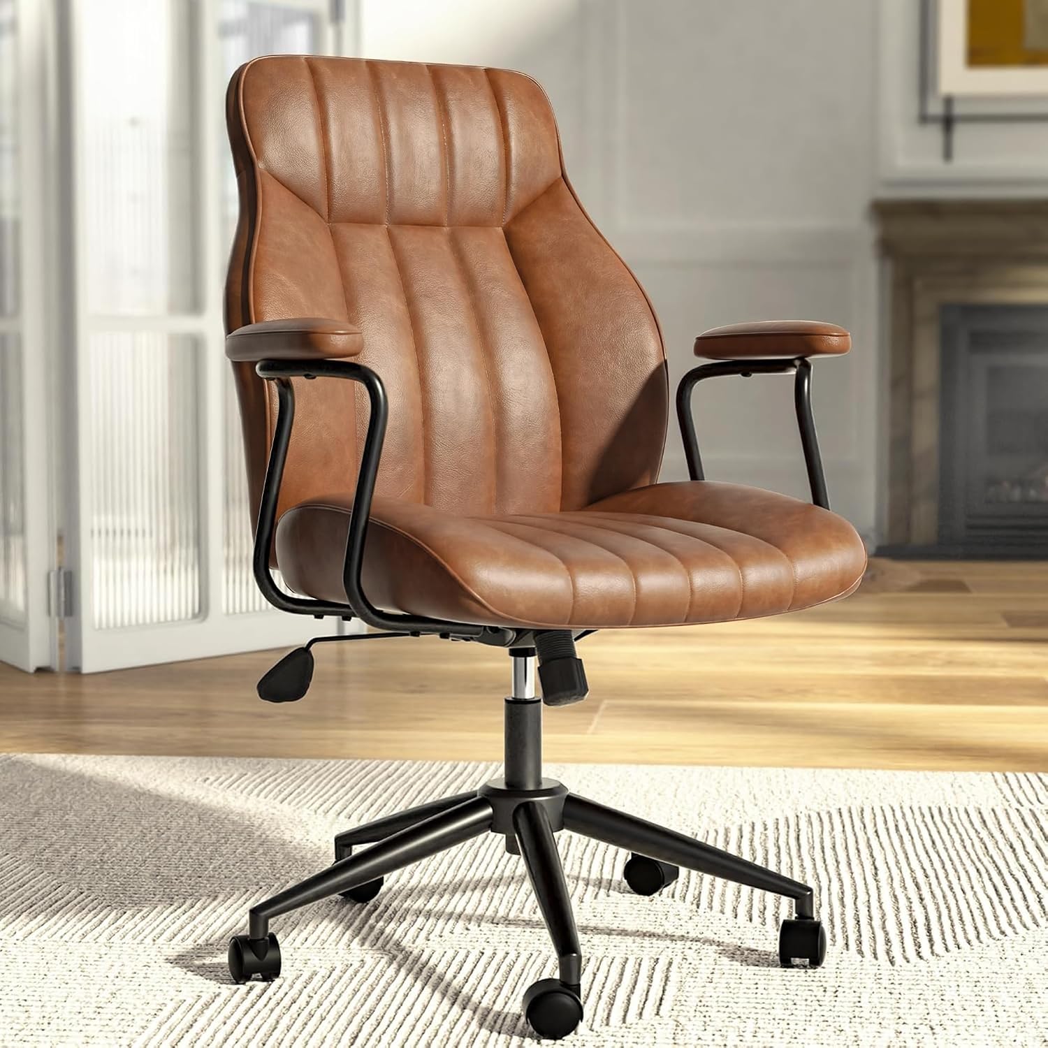 Brown Leather Mid Century Home Office Desk Chair