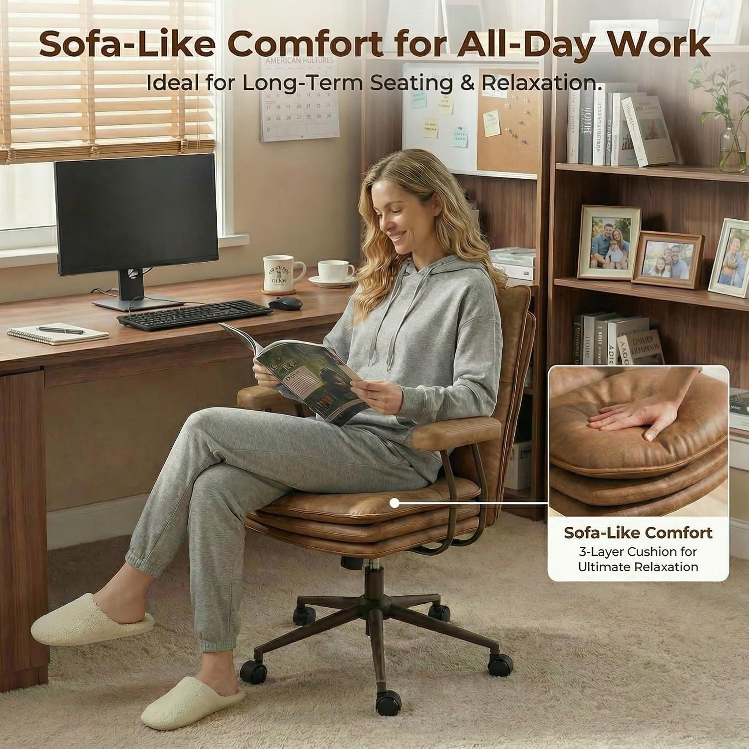Brown Leather Home Desk Chair with Triple-Layer Seat