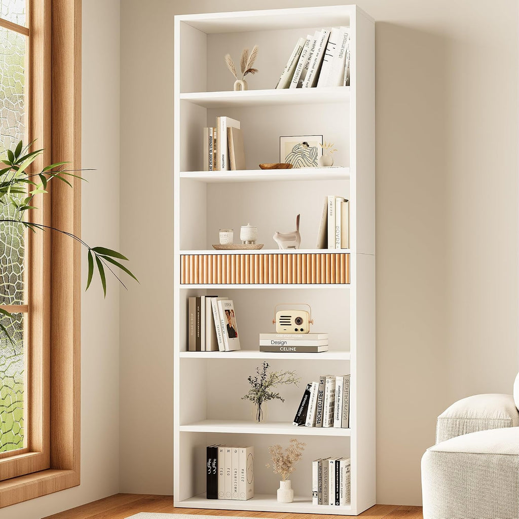 72" White 7-Tier Fluted Bookshelf with Drawer
