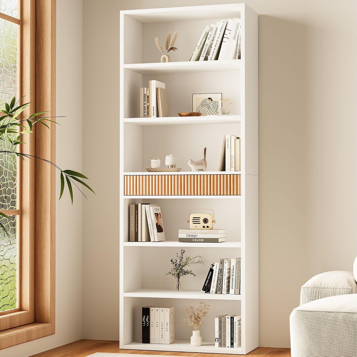 72" White 7-Tier Fluted Bookshelf with Drawer