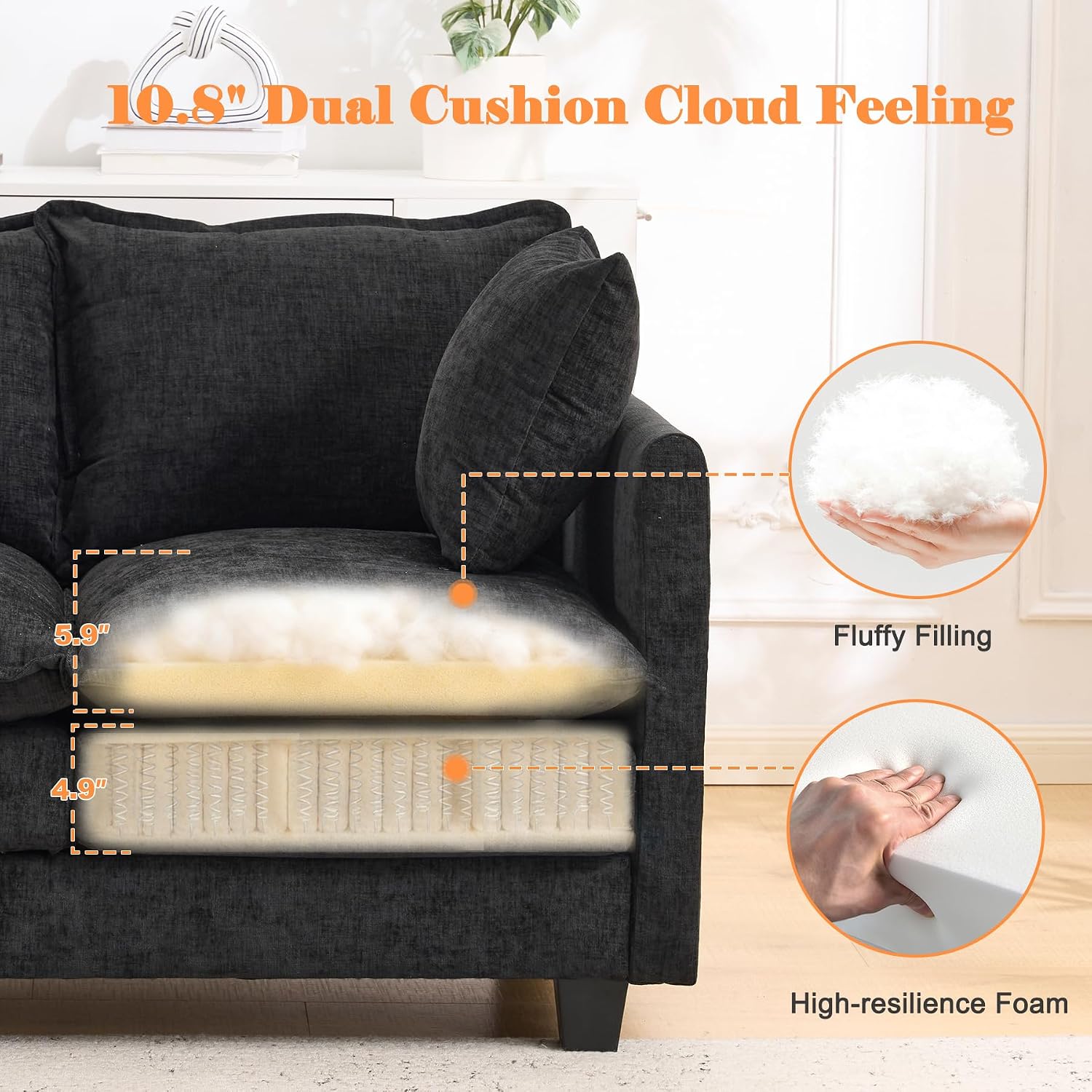 50" Black Cloud Loveseat with 2 Pillows