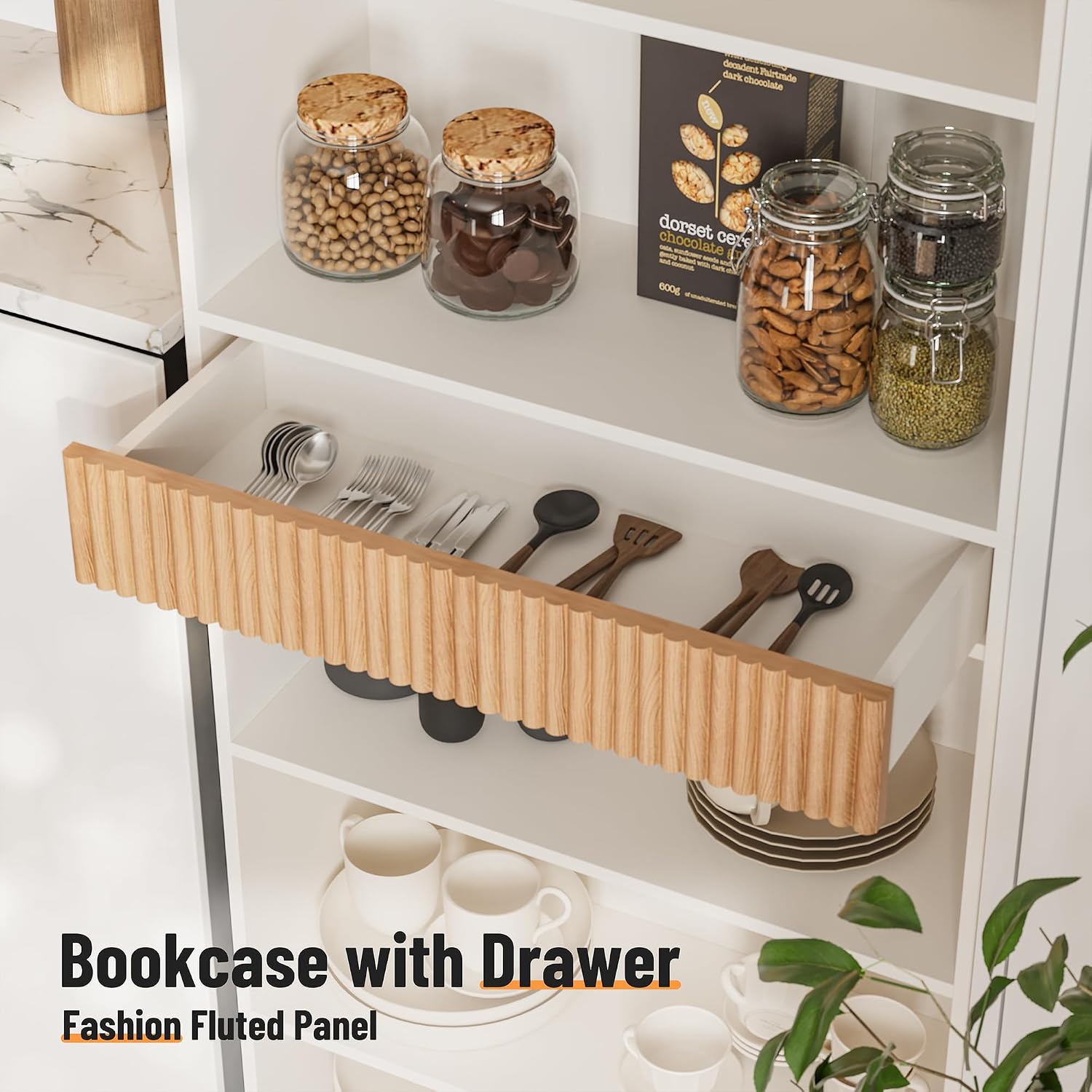 72" White 7-Tier Fluted Bookshelf with Drawer