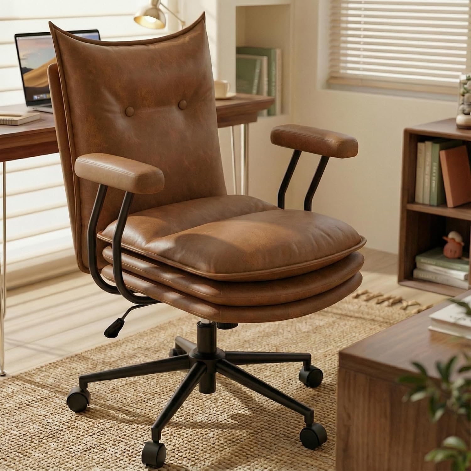 Brown Leather Home Desk Chair with Triple-Layer Seat