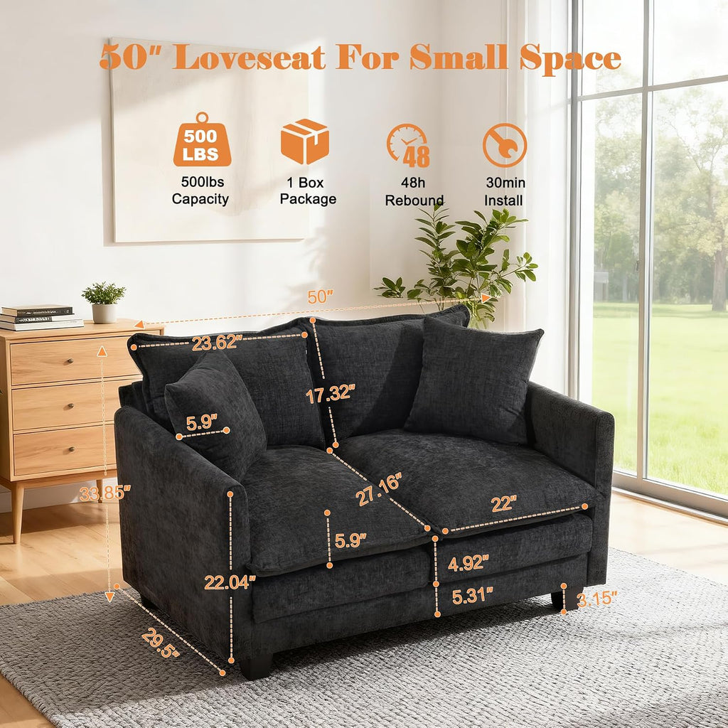 50" Black Cloud Loveseat with 2 Pillows