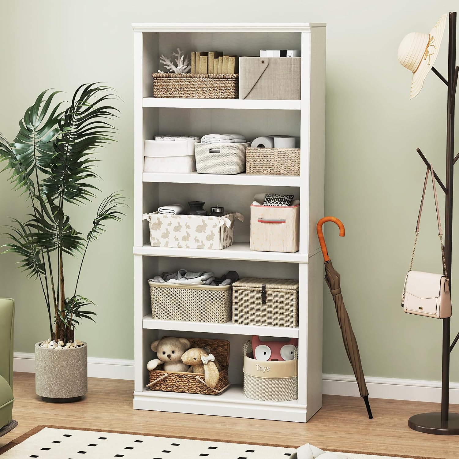 70" White 5-Tier Open Bookshelf