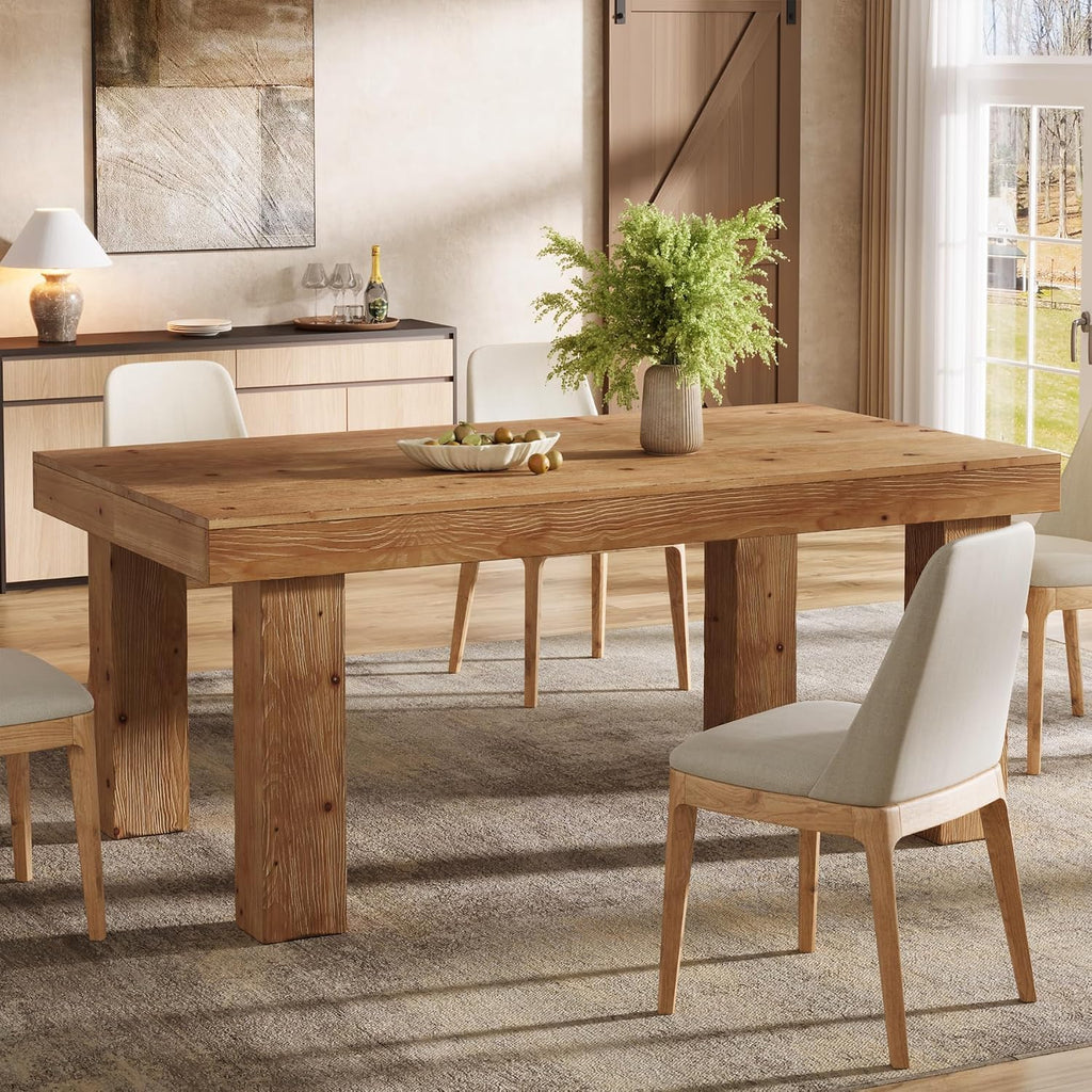 63" Light Brown Farmhouse Solid Wood Dining Table