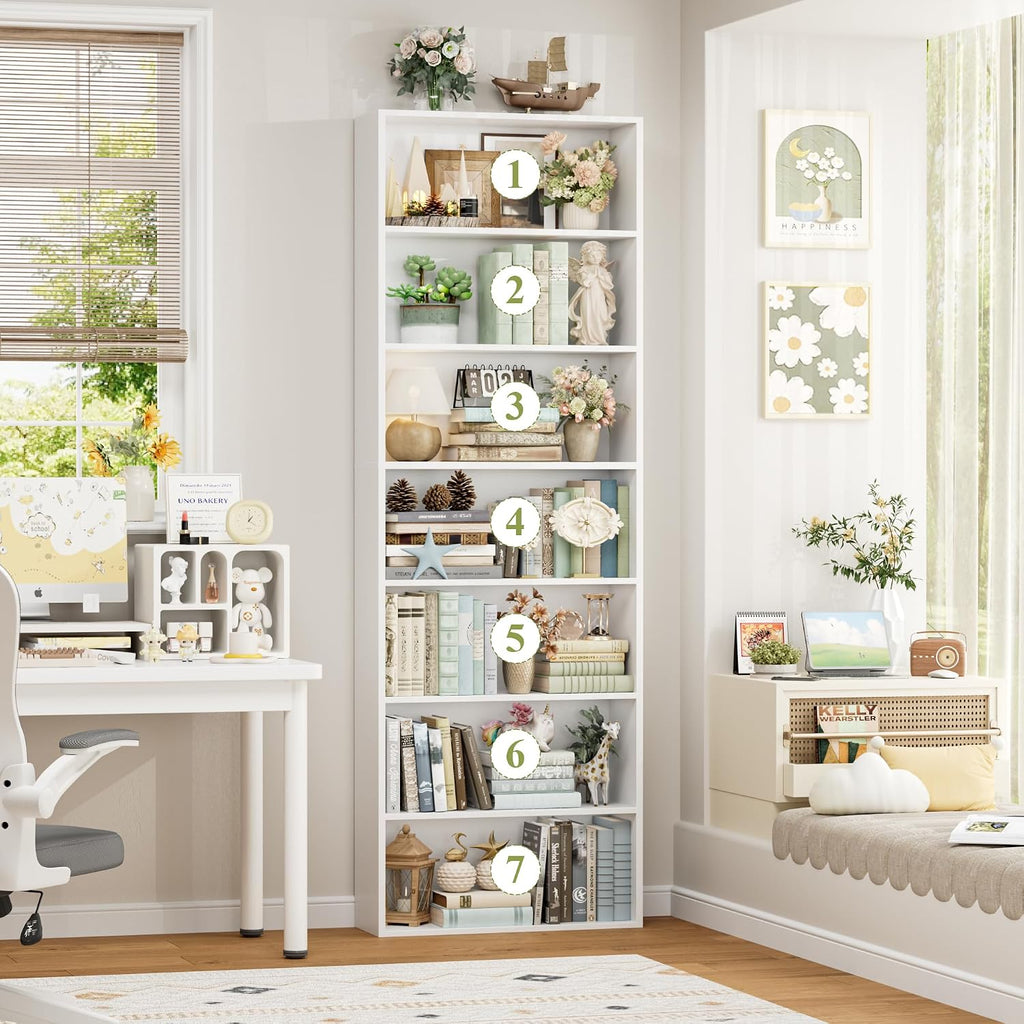 82" White 7-Tier Tall Bookshelf