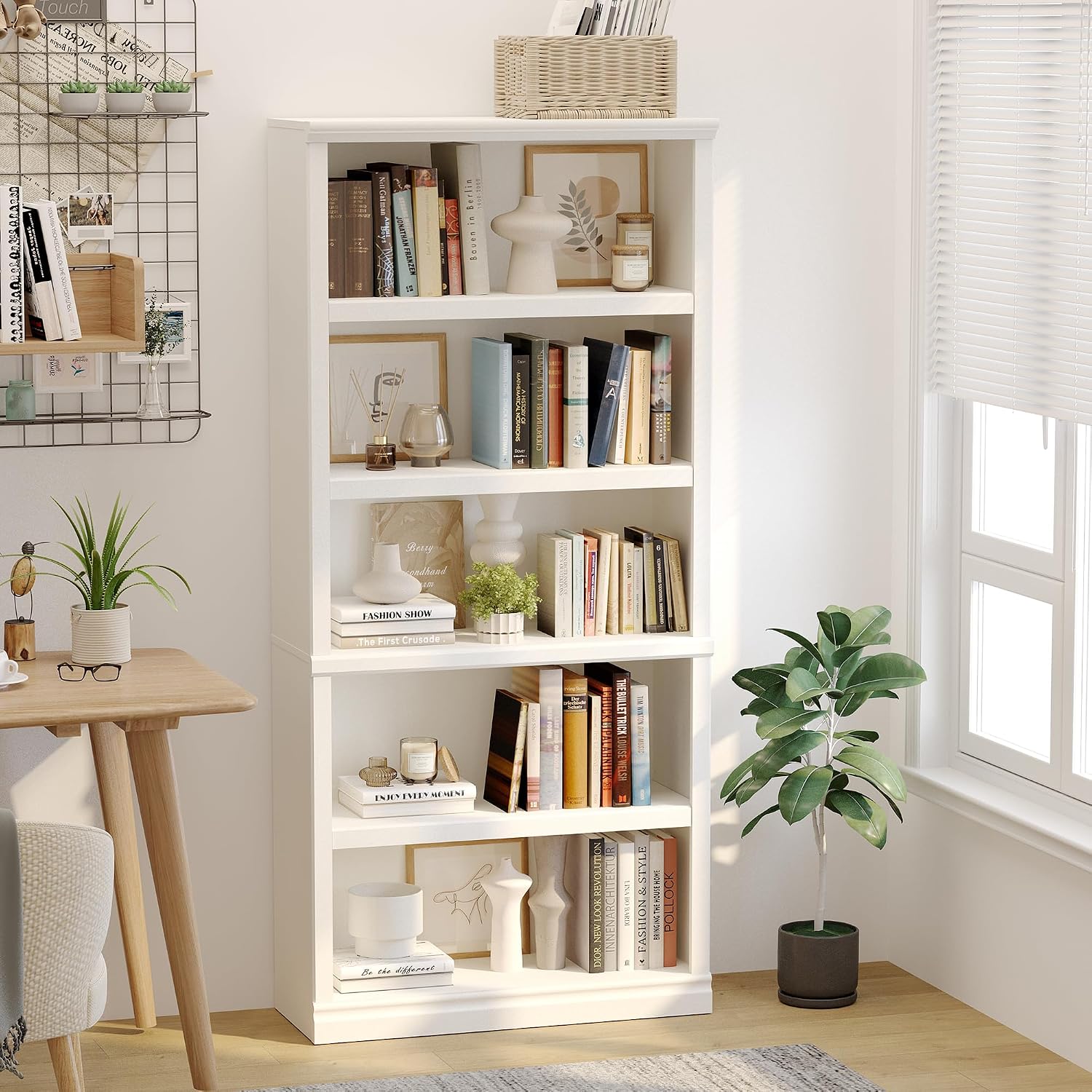 5-Tier White Tall Bookcase with Adjustable Shelves