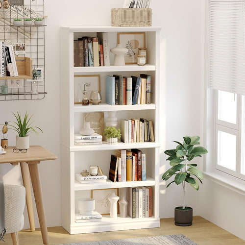 5-Tier White Tall Bookcase with Adjustable Shelves