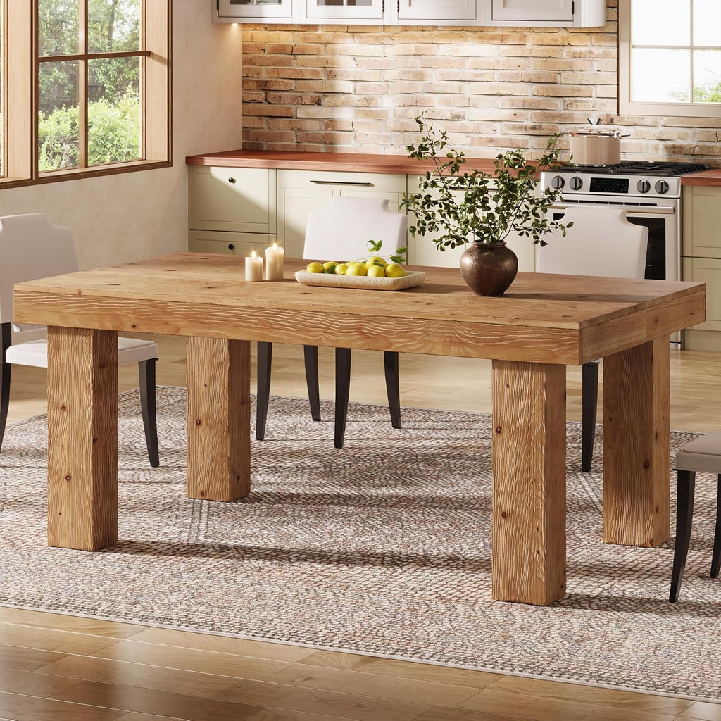 63" Light Brown Farmhouse Solid Wood Dining Table
