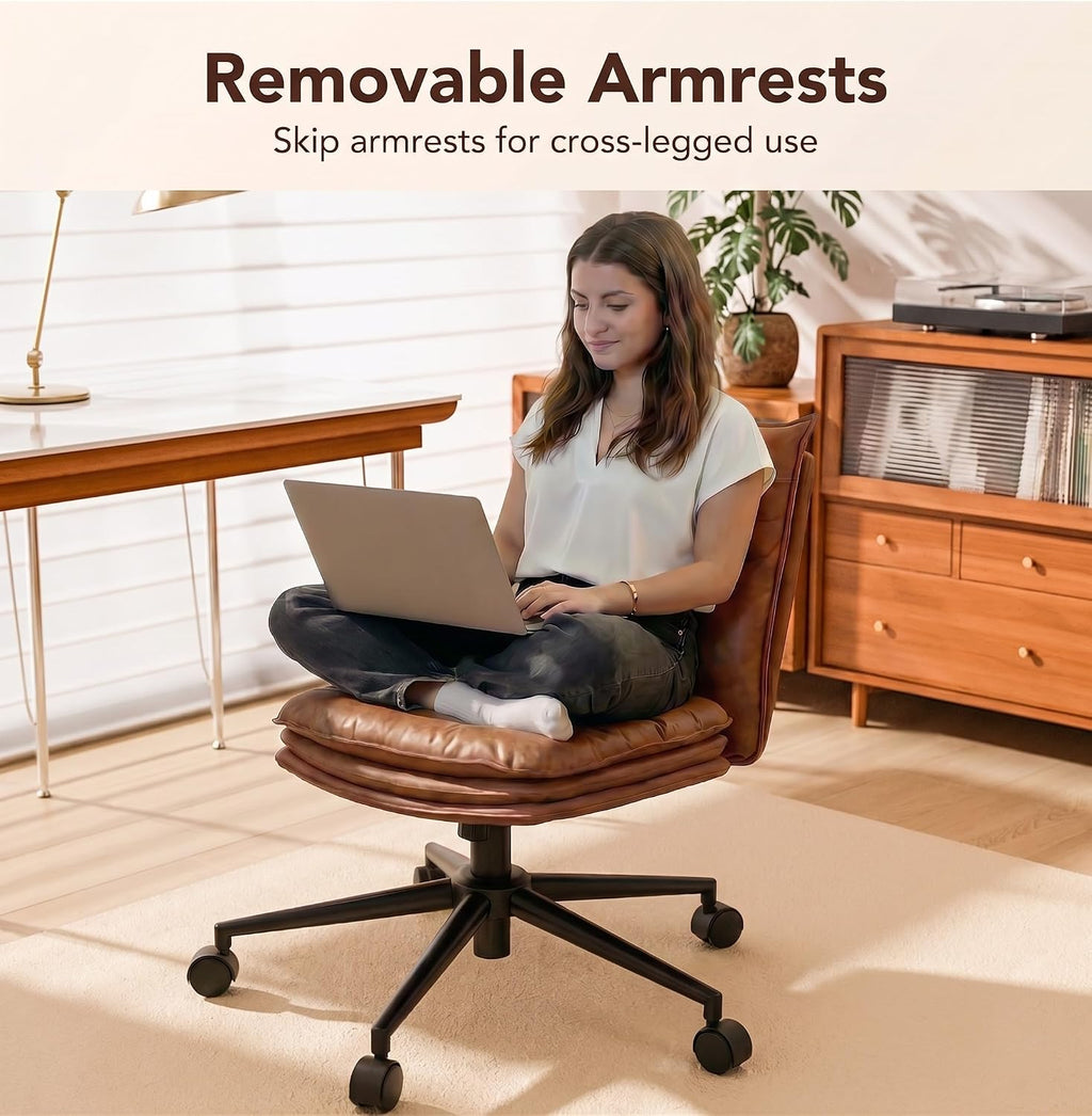 Brown Leather Home Desk Chair with Triple-Layer Seat