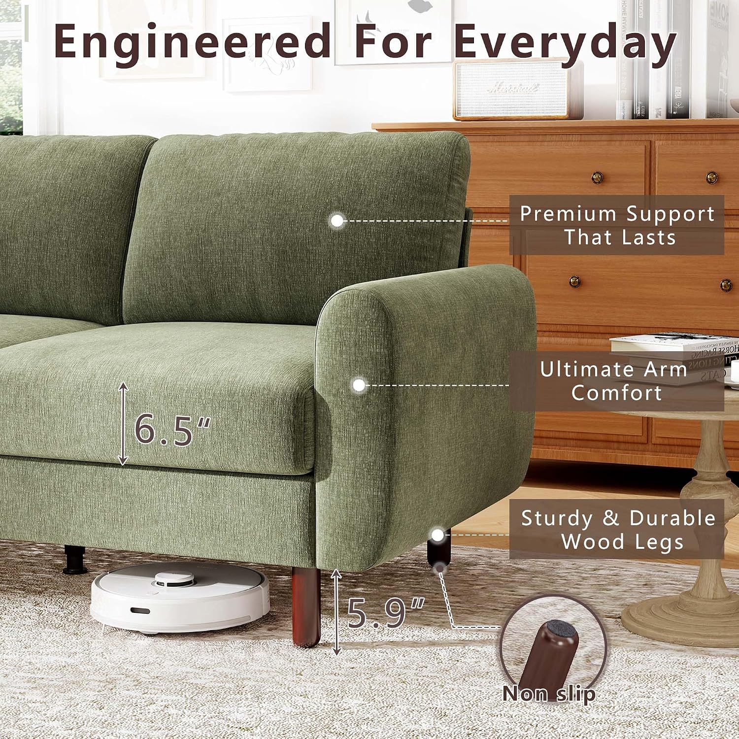 68" Mid Century Chenille Loveseat, Green